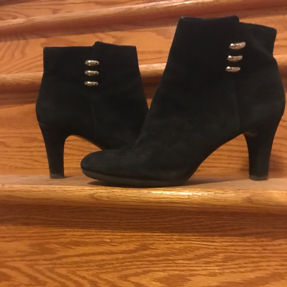 Back suede heeled booties with gold hardware